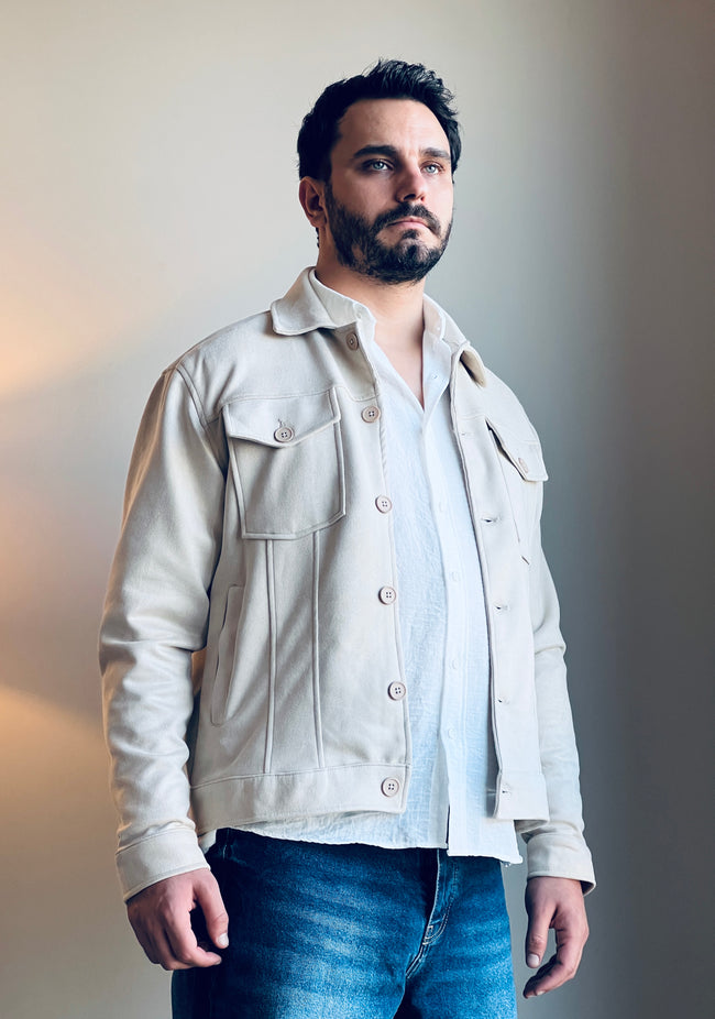 Süet Scuba Dört Cepli Regular Fit Erkek Ceket Krem