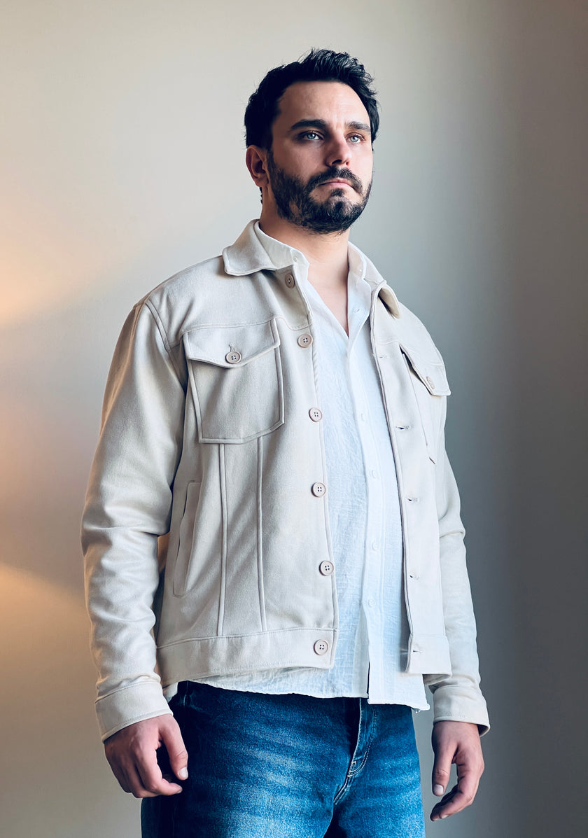 Süet Scuba Dört Cepli Regular Fit Erkek Ceket Krem