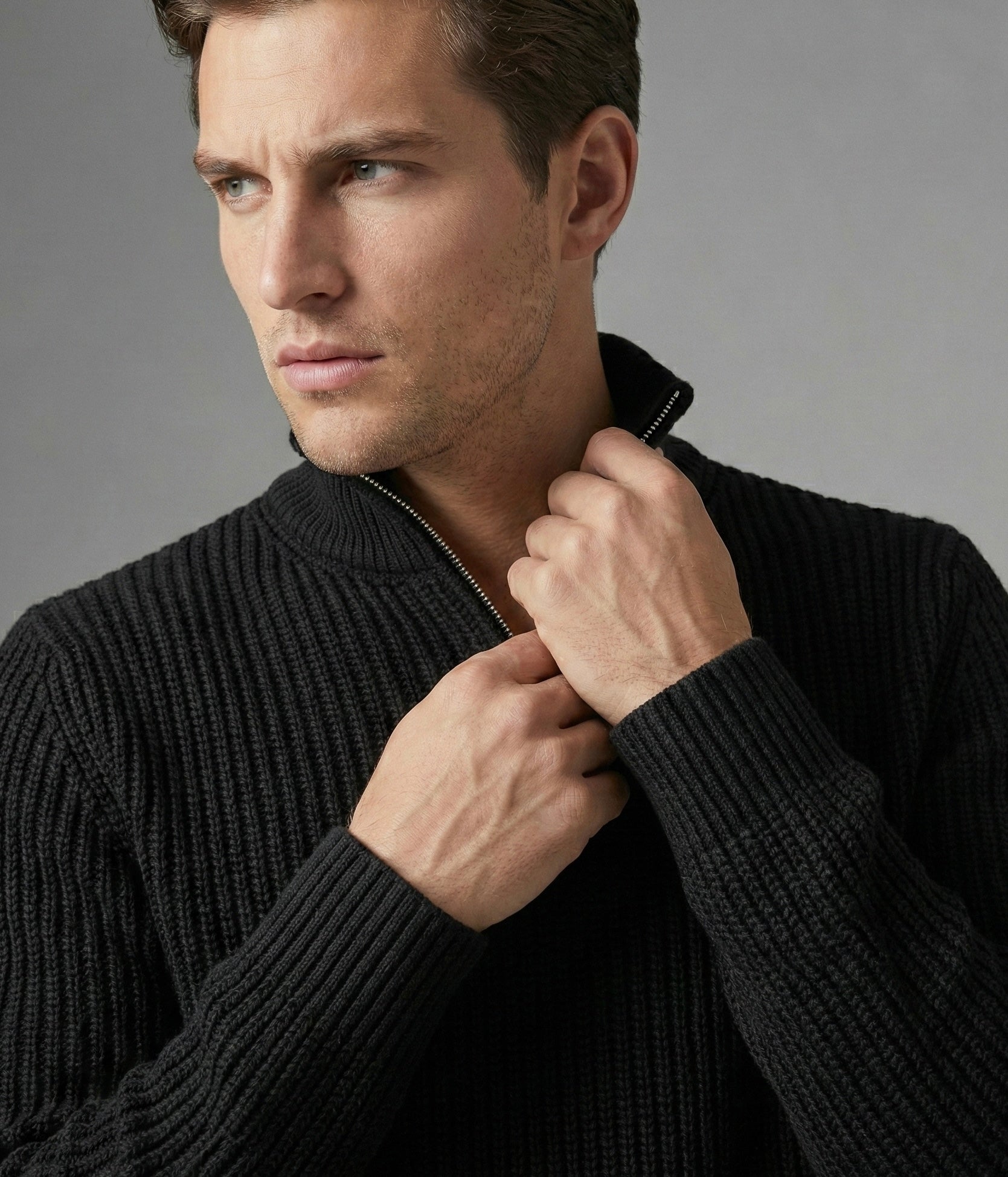 Yarım Fermuarlı Siyah Dik Yaka Kalın Fitilli Erkek Triko Kazak Siyah