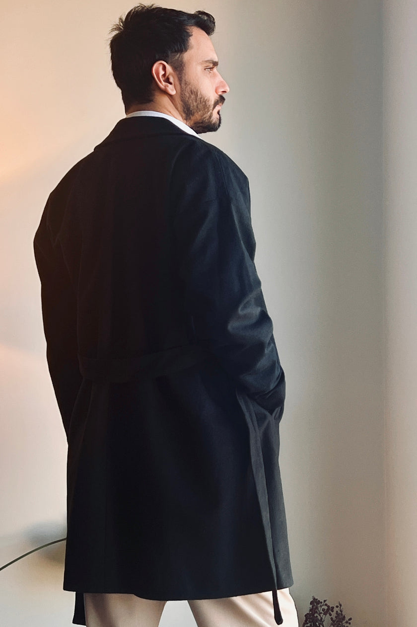 Kemerli Oversize Kaşe Kaban Siyah