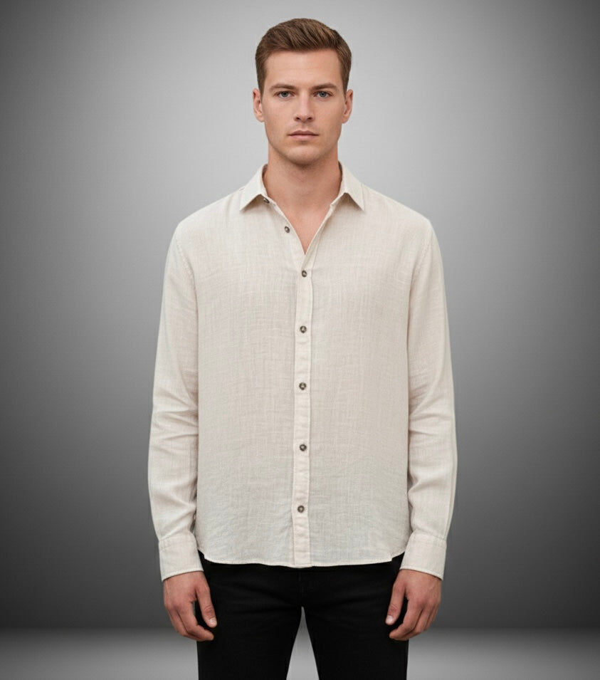 Bej Keten Görünümlü Erkek Gömlek