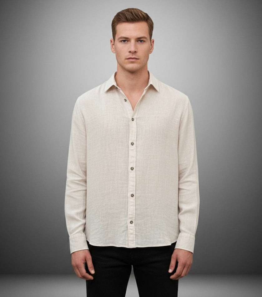 Bej Keten Görünümlü Erkek Gömlek