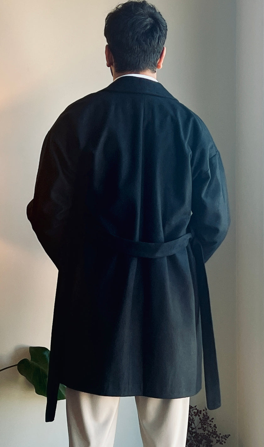 Kemerli Oversize Kaşe Kaban Siyah