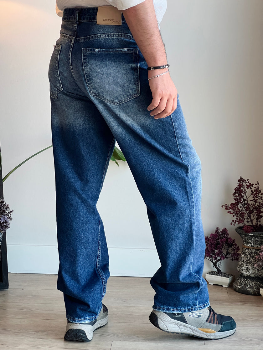 Baggy Model Taşlamalı Regular Fit Jean Pantolon - Mavi