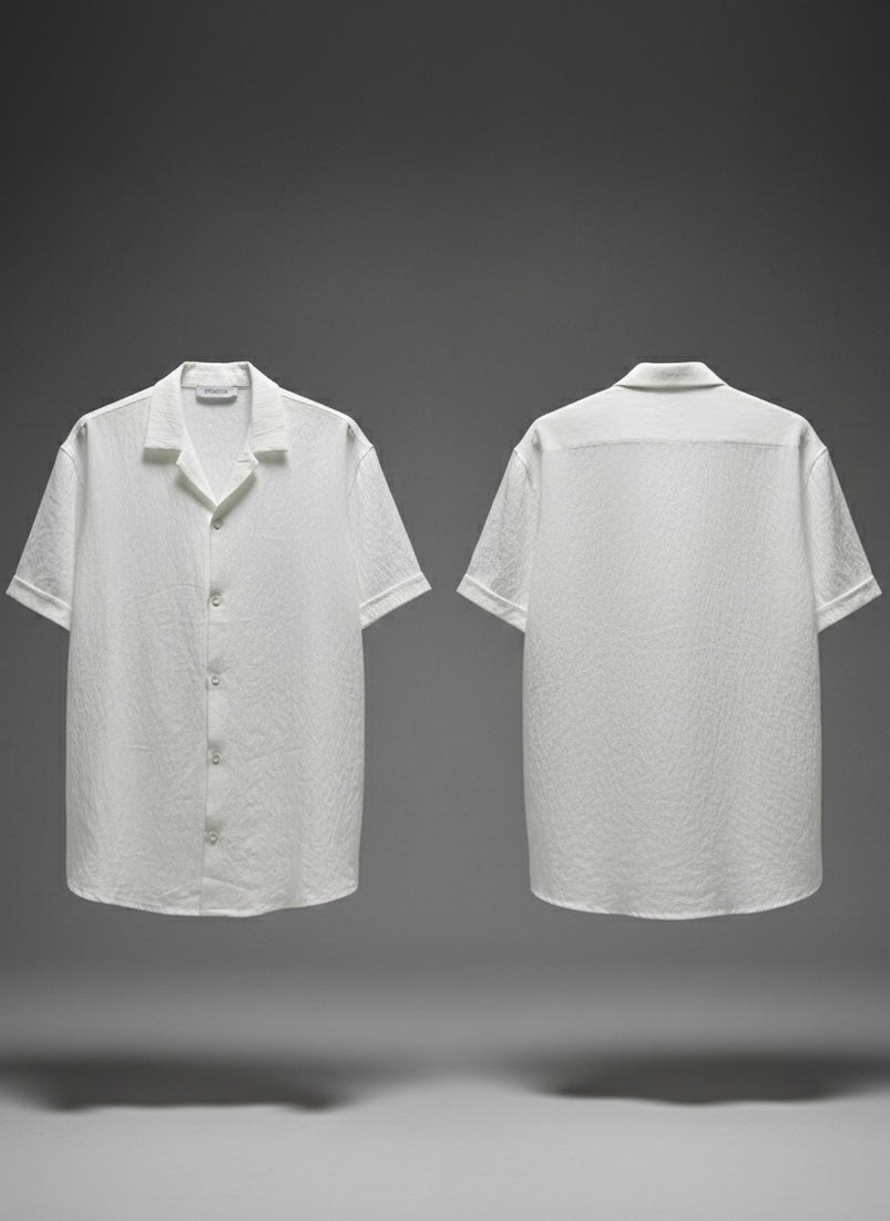 Erkek Beyaz Dokulu Kısa Kollu Gömlek - Modern Apaş Yaka & Relax Fit