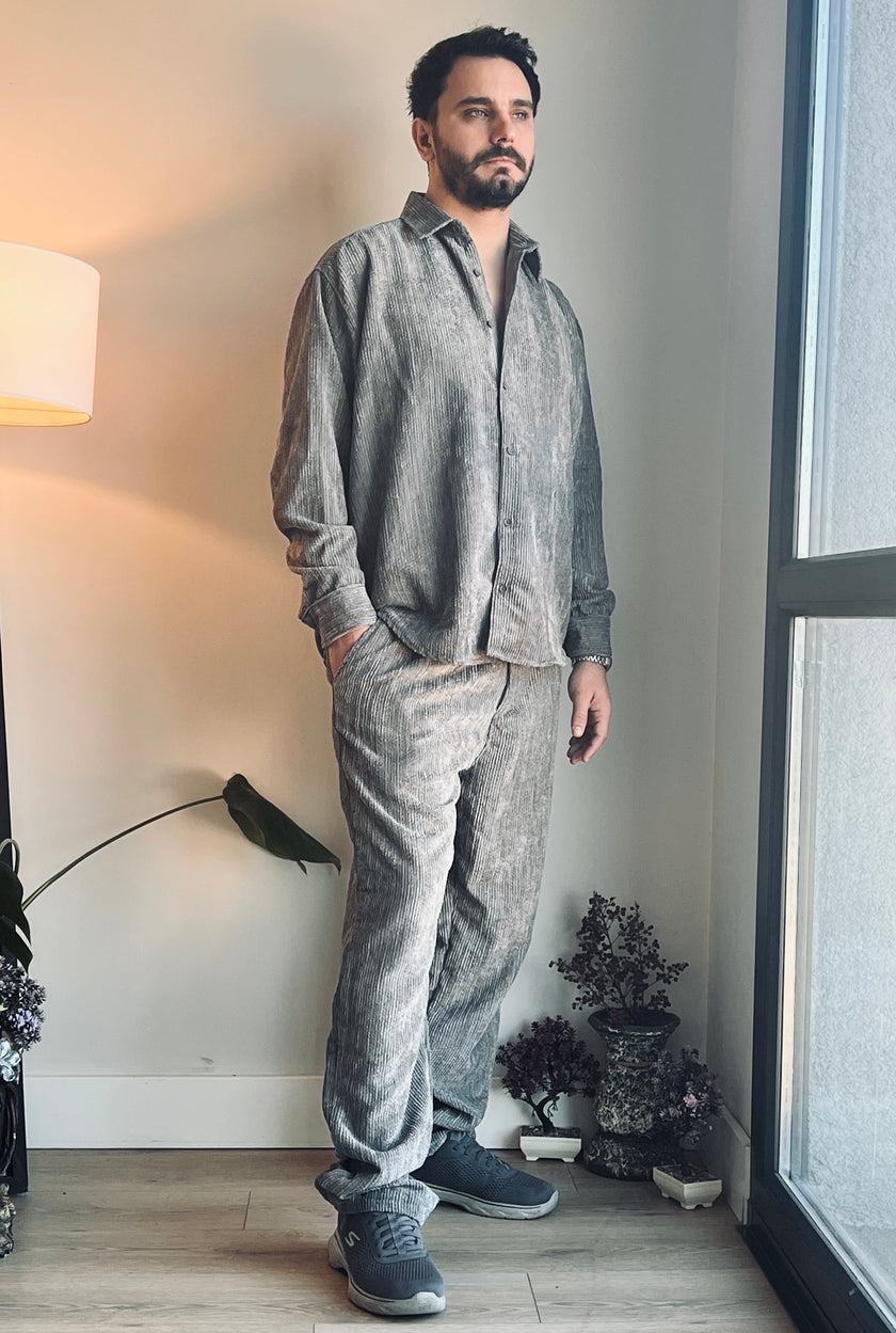 OVERSIZE EFEKTLİ KADİFE GÖMLEK ANTRASİT