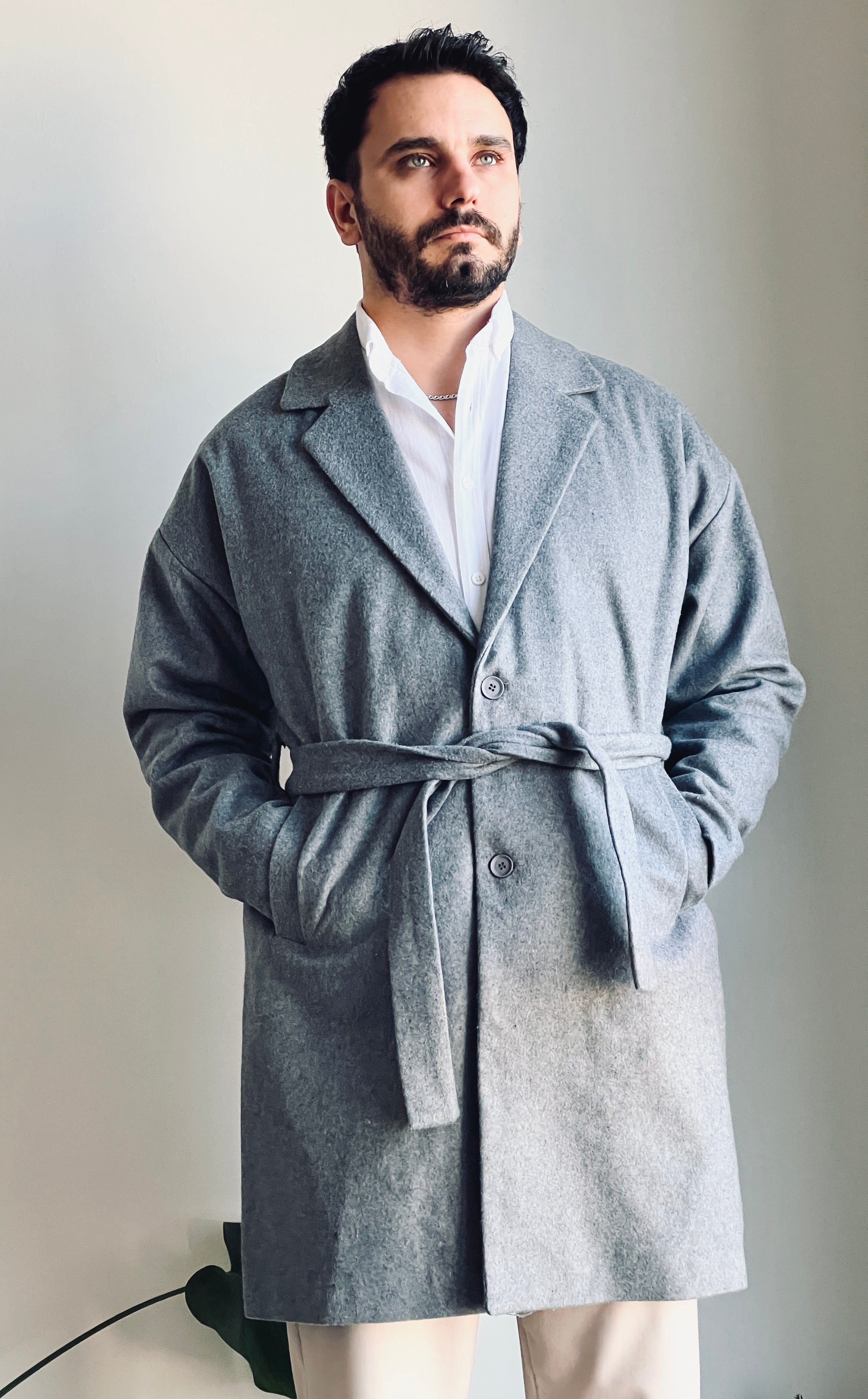 Kemerli Oversize Kaşe Kaban Gri