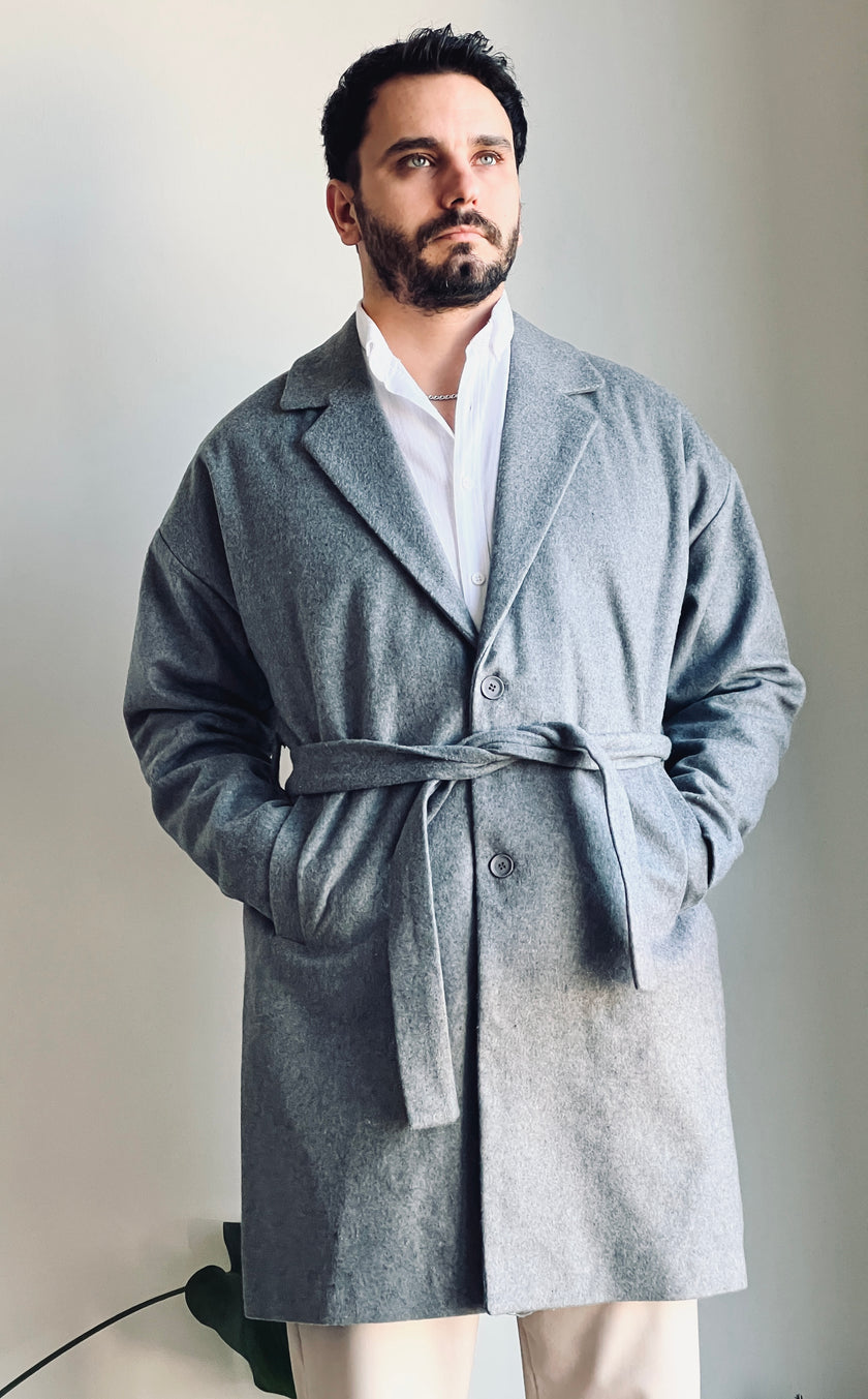 Kemerli Oversize Kaşe Kaban Gri