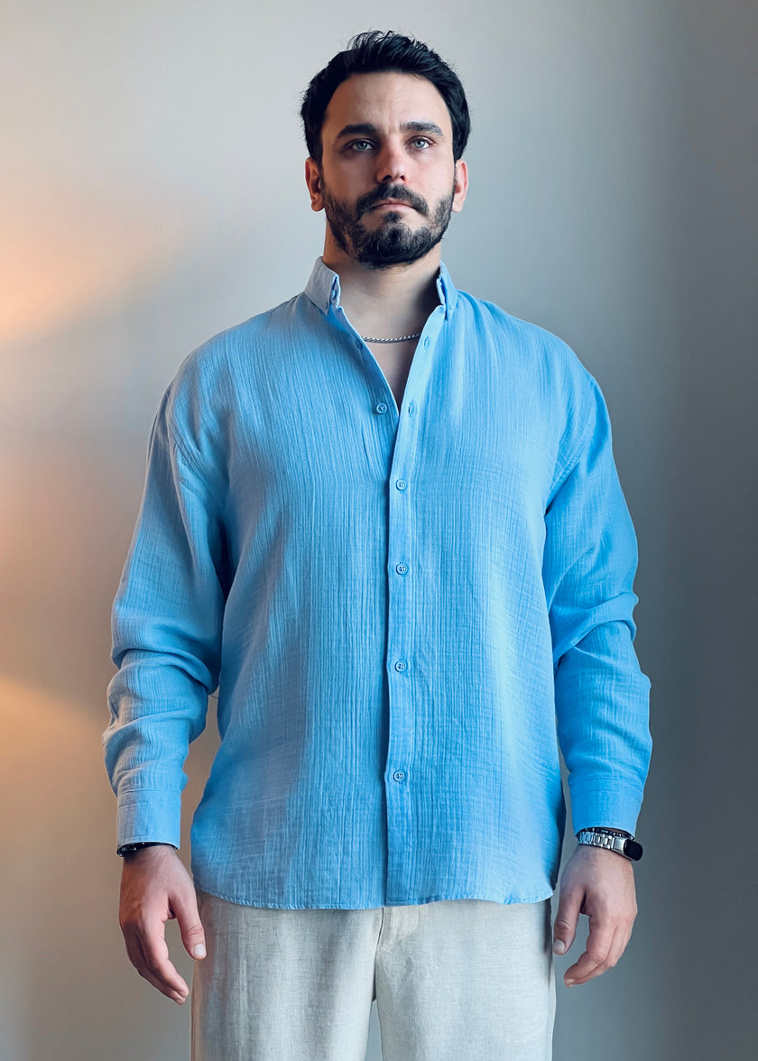 Mavi Müslin Uzun Kollu Gömlek