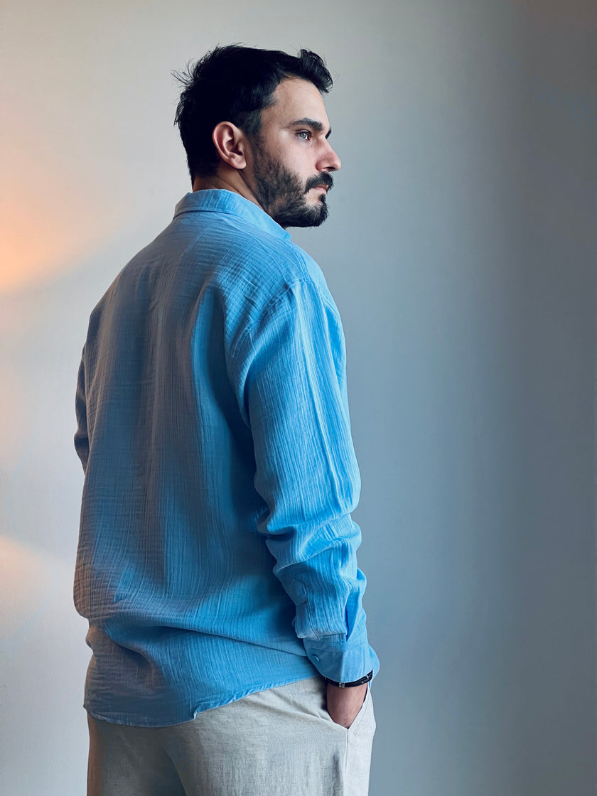 Mavi Müslin Uzun Kollu Gömlek