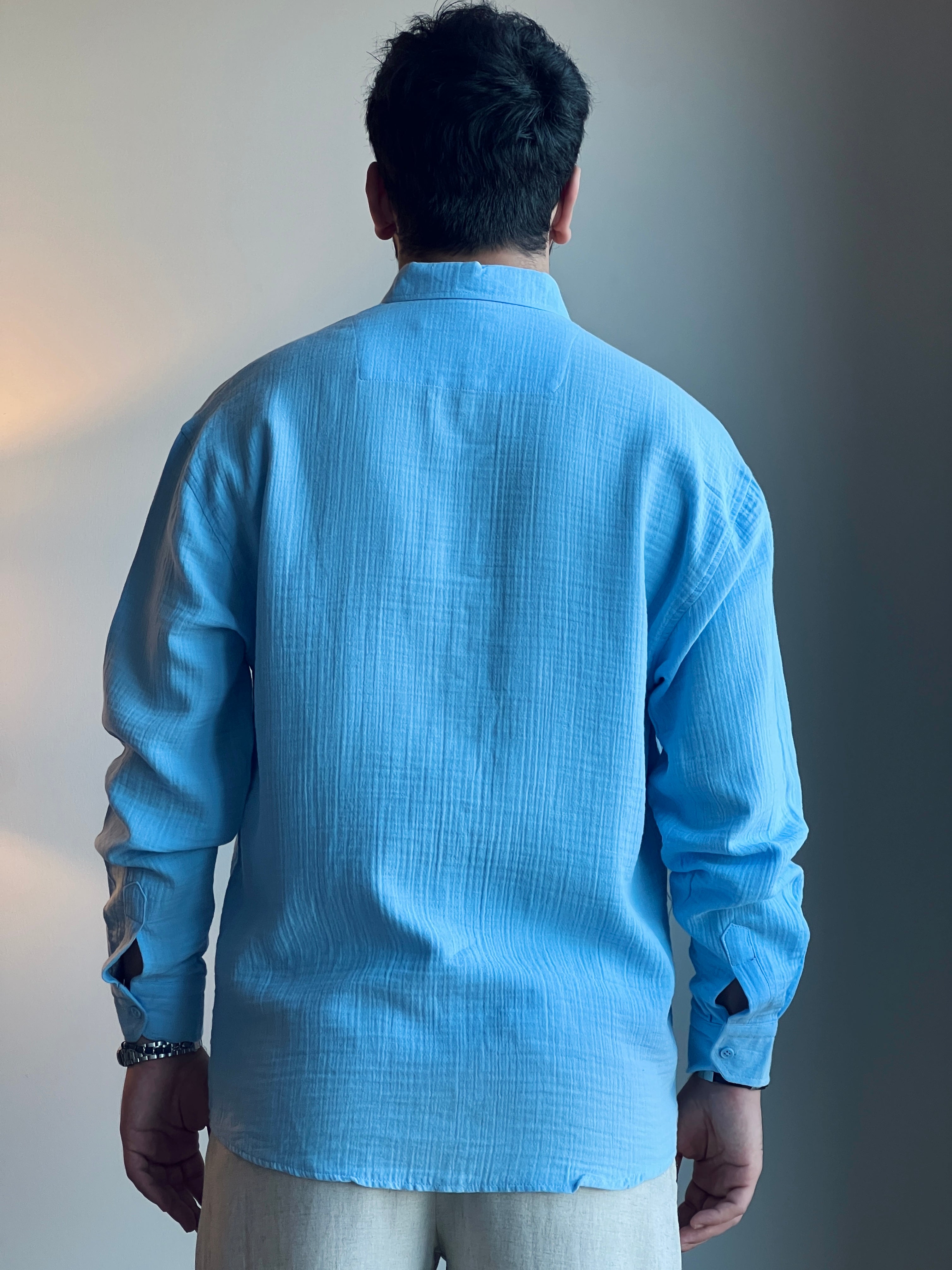 Mavi Müslin Uzun Kollu Gömlek