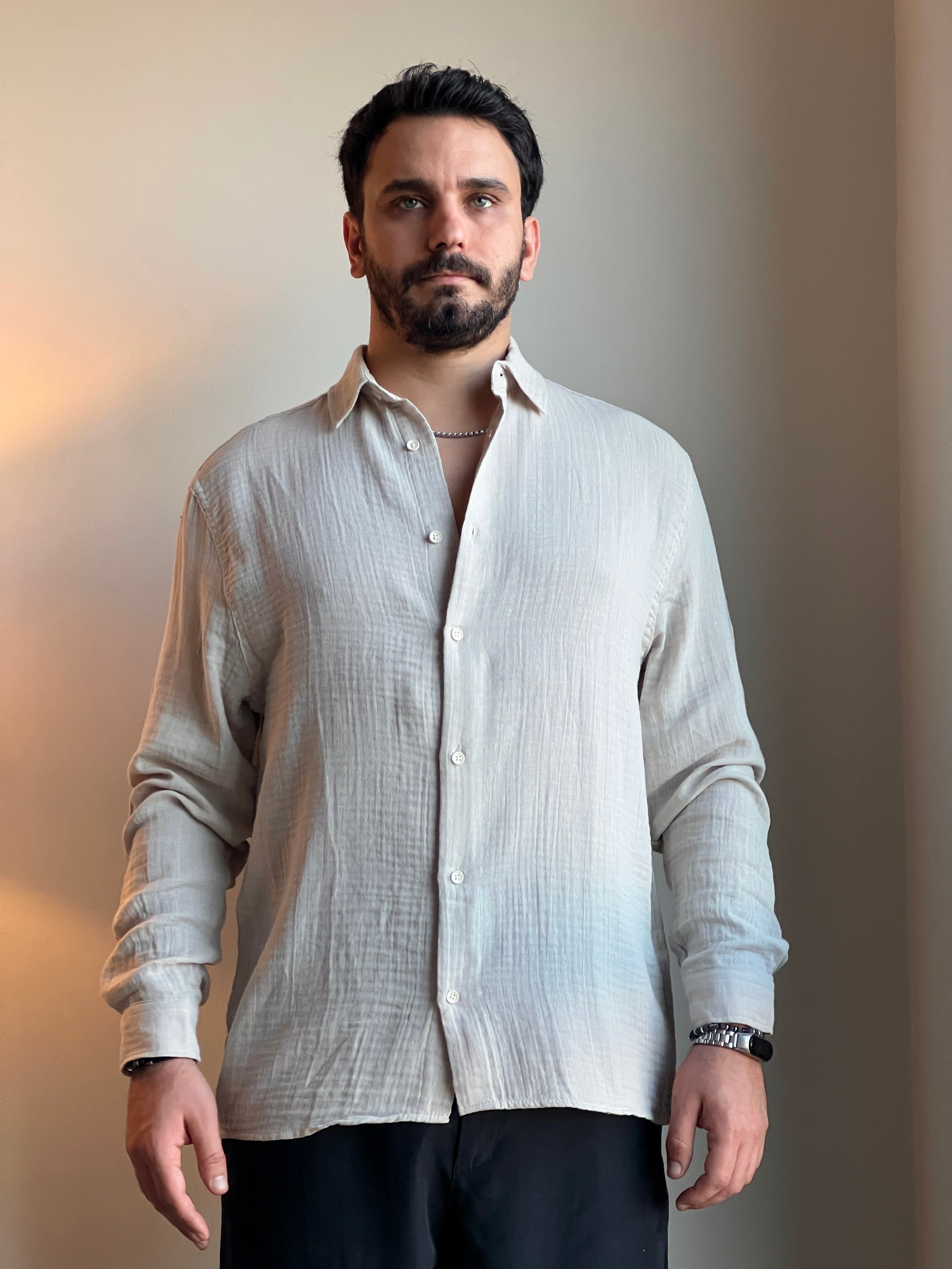 Bej Müslin Uzun Kollu Gömlek