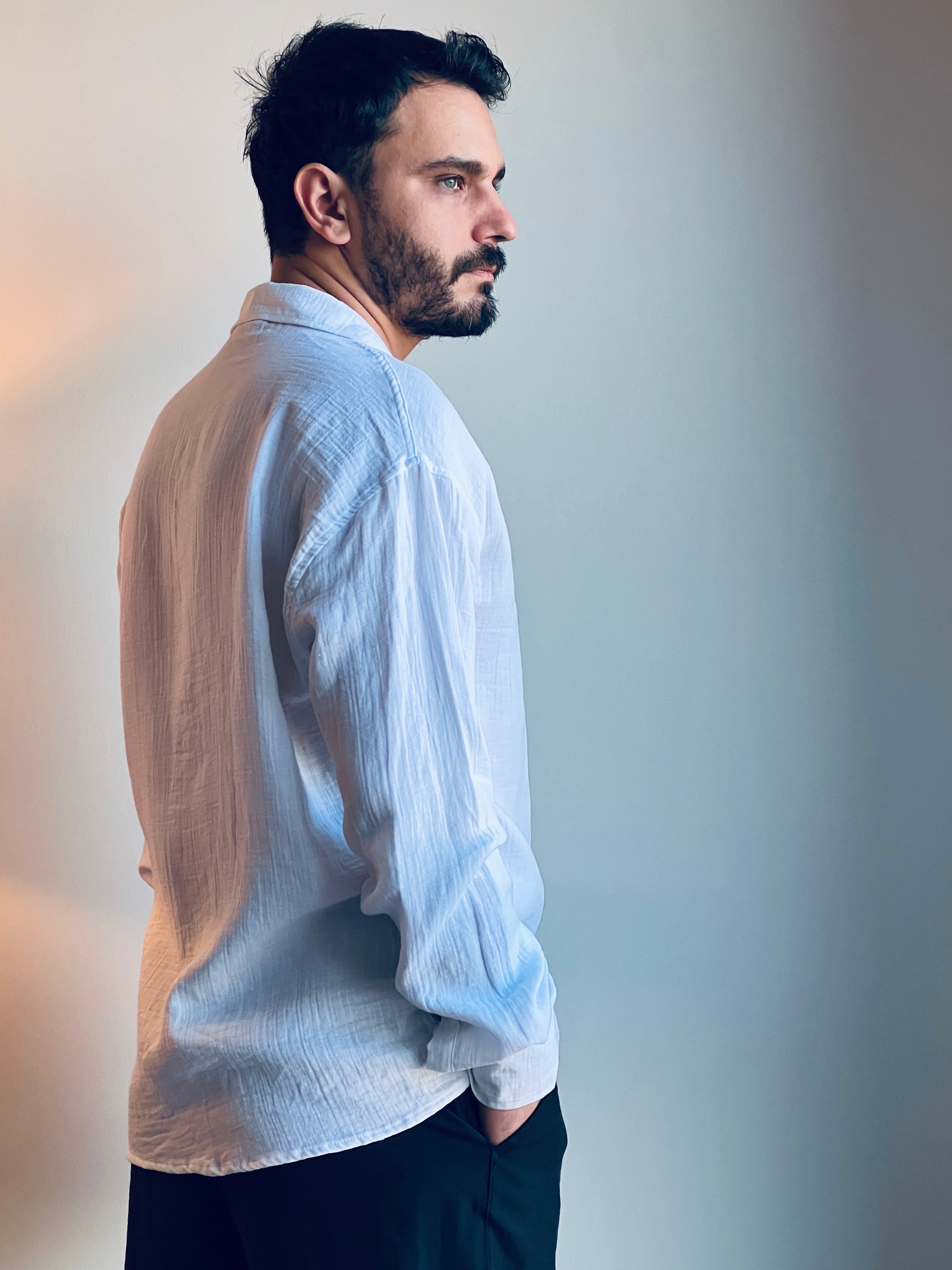 Erkek Beyaz Müslin Uzun Kollu Gömlek