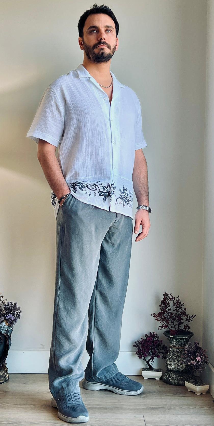 Erkek Etek Ucu Desenli Müslin Kısa Kollu Gömlek