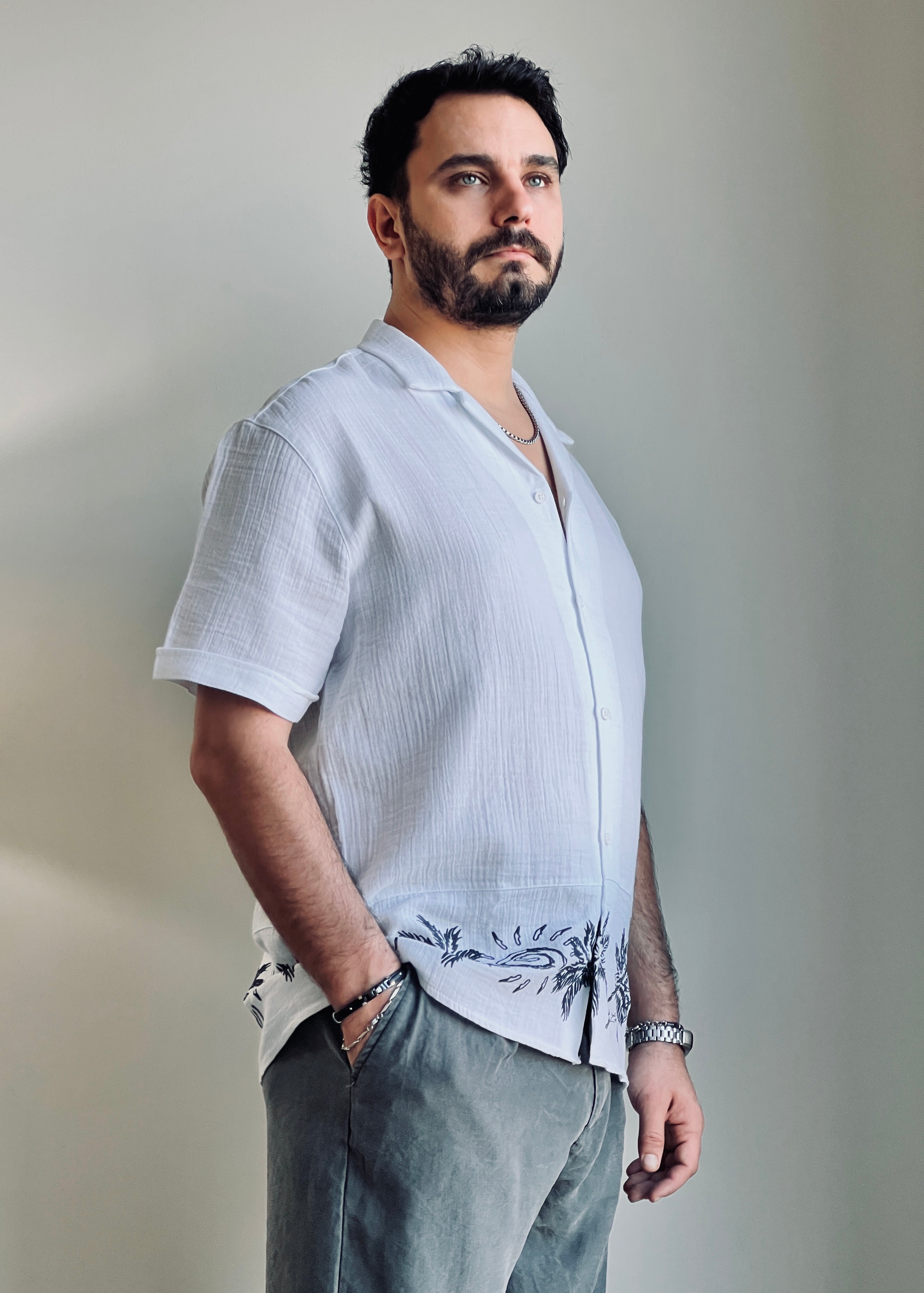 Erkek Etek Ucu Desenli Müslin Kısa Kollu Gömlek