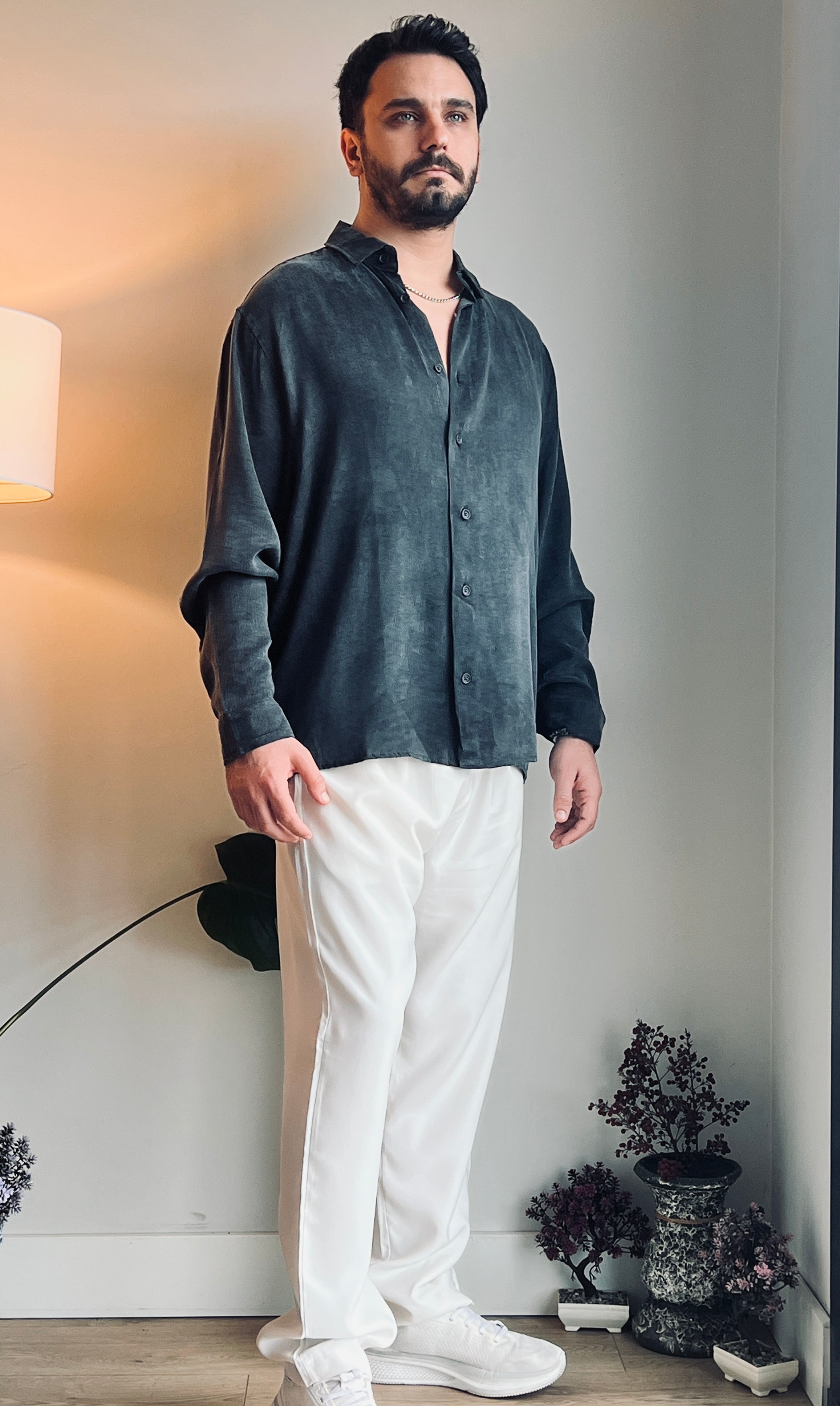 Erkek Füme Bambu Kumaş Gömlek - İpeksi Dokunuş & Dökümlü Relax Fit