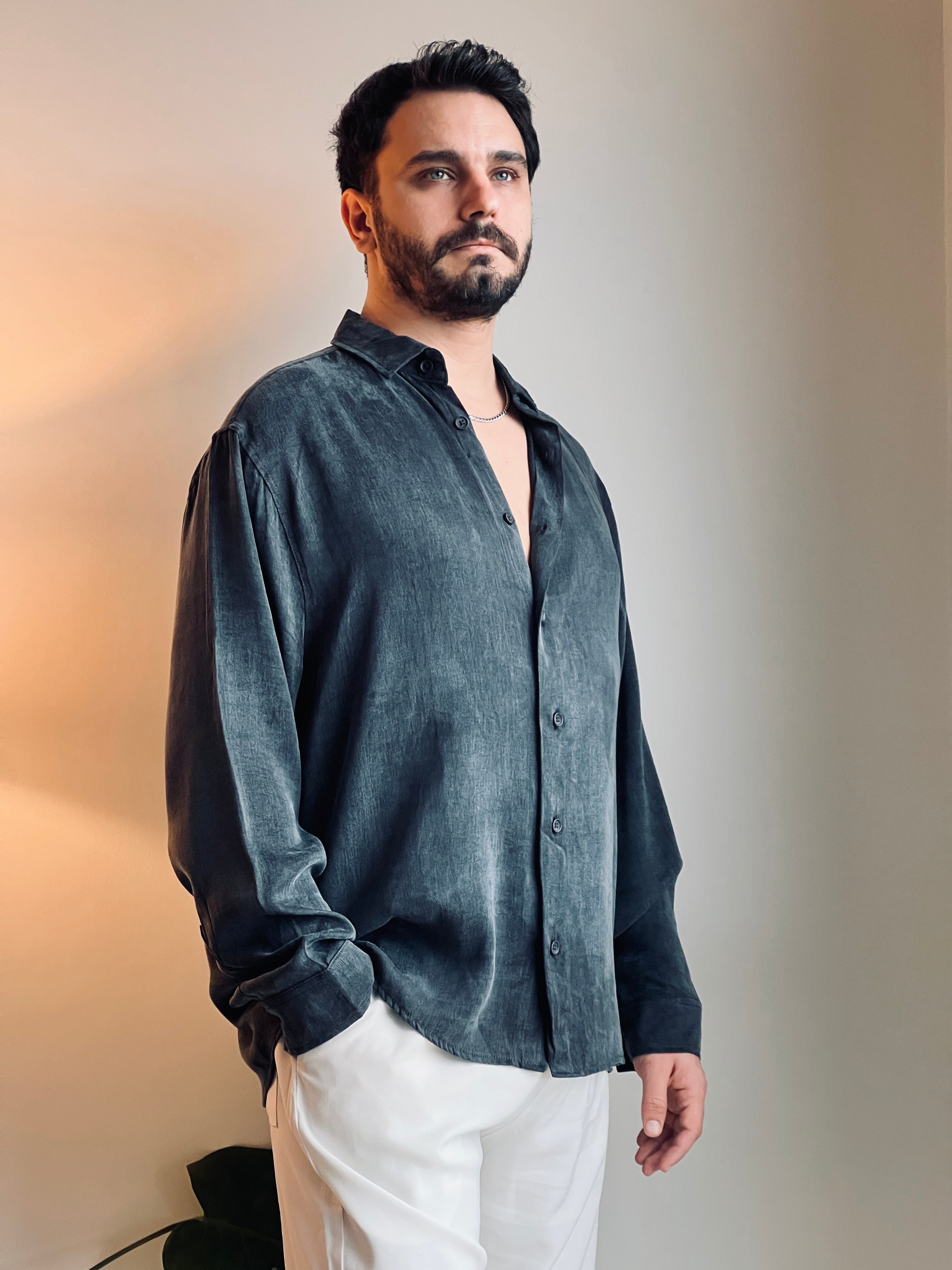 Erkek Füme Bambu Kumaş Gömlek - İpeksi Dokunuş & Dökümlü Relax Fit