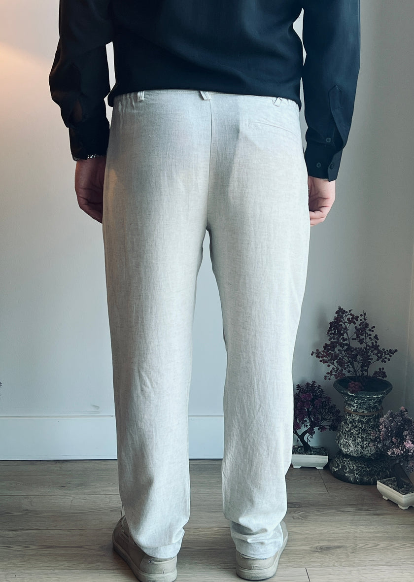 Erkek Krem Keten Pantolon - Yazlık, Nefes Alan & Klasik Relax Fit