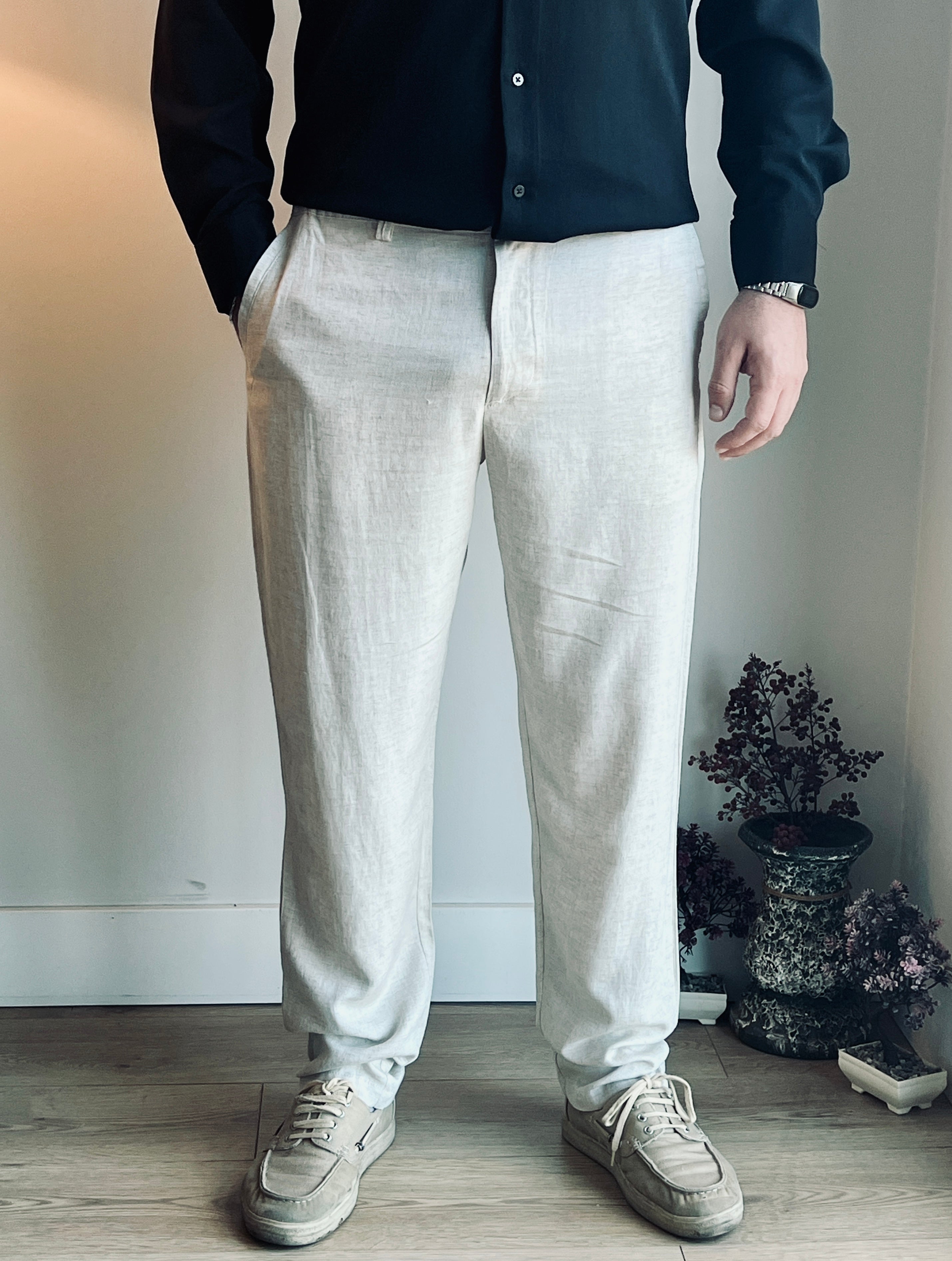 Erkek Krem Keten Pantolon - Yazlık, Nefes Alan & Klasik Relax Fit