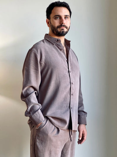 Erkek Yıkamalı Kahverengi Modal Uzun Kollu Gömlek