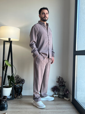 Erkek Yıkamalı Kahverengi Modal Uzun Kollu Gömlek