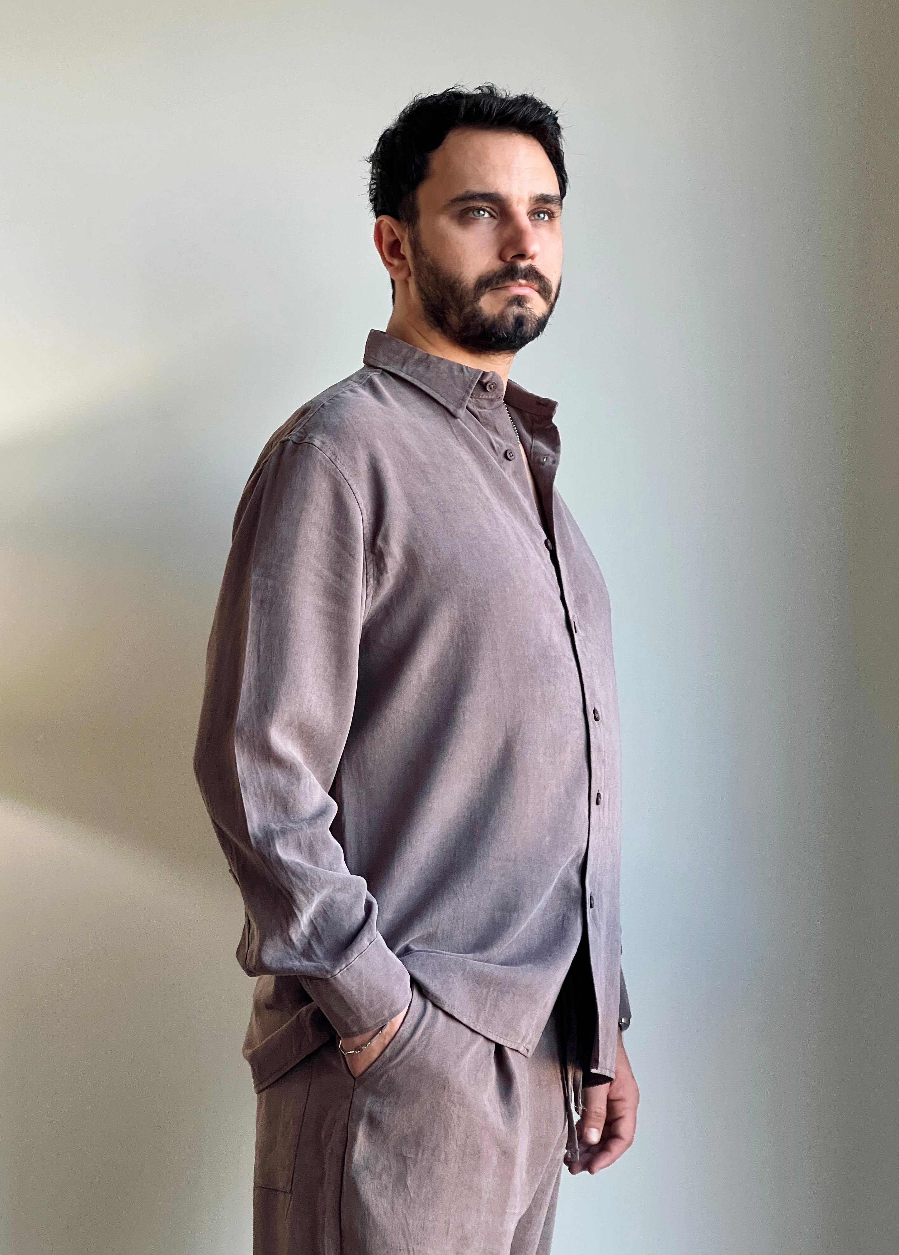 Erkek Yıkamalı Kahverengi Modal Uzun Kollu Gömlek