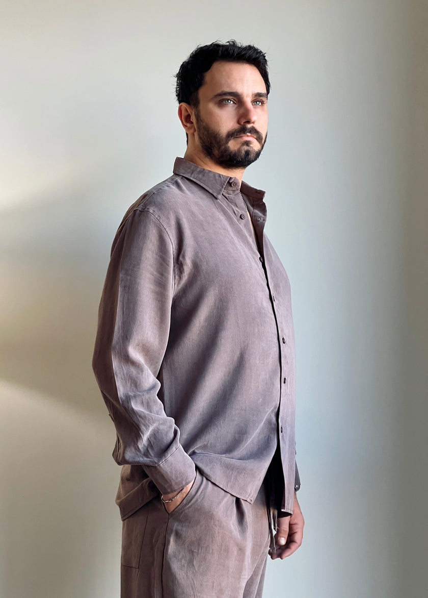 Erkek Yıkamalı Kahverengi Modal Uzun Kollu Gömlek