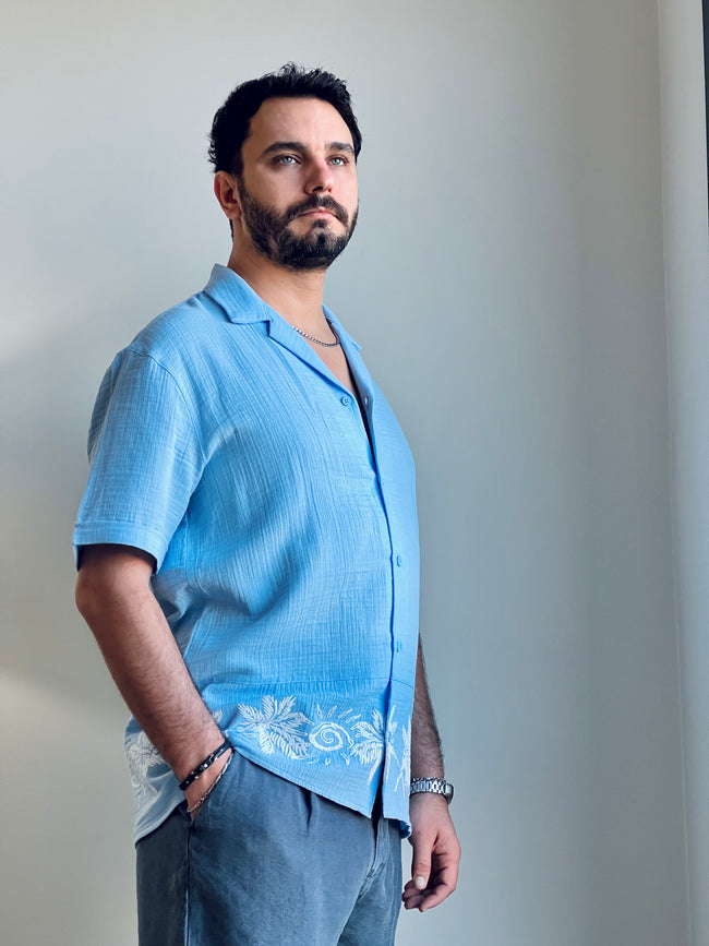 Erkek Etek Ucu Desenli Müslin Kısa Kollu Gömlek