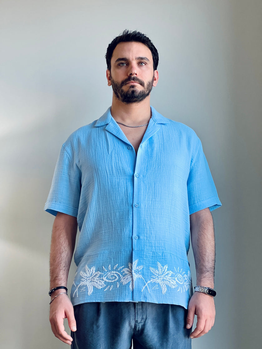 Erkek Etek Ucu Desenli Müslin Kısa Kollu Gömlek