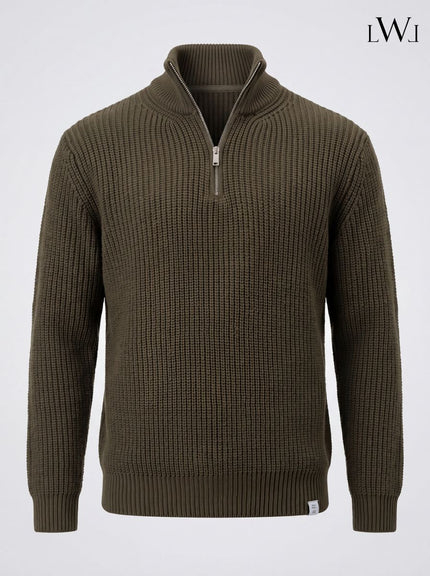 Half Zippered Black Stand Collar Thick Ribbed Men's Knitwear Sweater