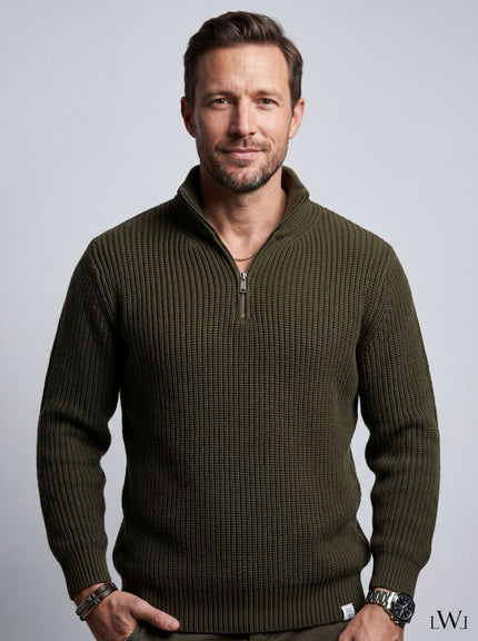 Half Zippered Black Stand Collar Thick Ribbed Men's Knitwear Sweater