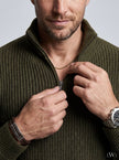 Half Zippered Black Stand Collar Thick Ribbed Men's Knitwear Sweater