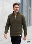 Half Zippered Black Stand Collar Thick Ribbed Men's Knitwear Sweater