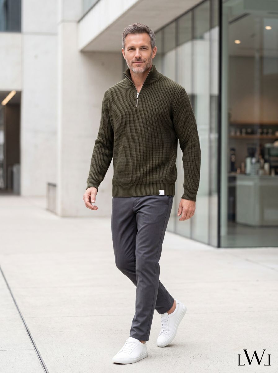 Half Zippered Black Stand Collar Thick Ribbed Men's Knitwear Sweater