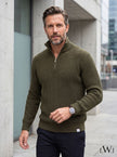 Half Zippered Black Stand Collar Thick Ribbed Men's Knitwear Sweater