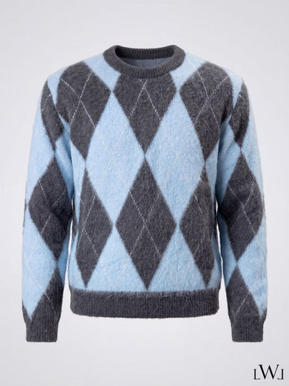 Baby Blue Gray Crew Neck Men's Knitwear Sweater with Diamond Pattern