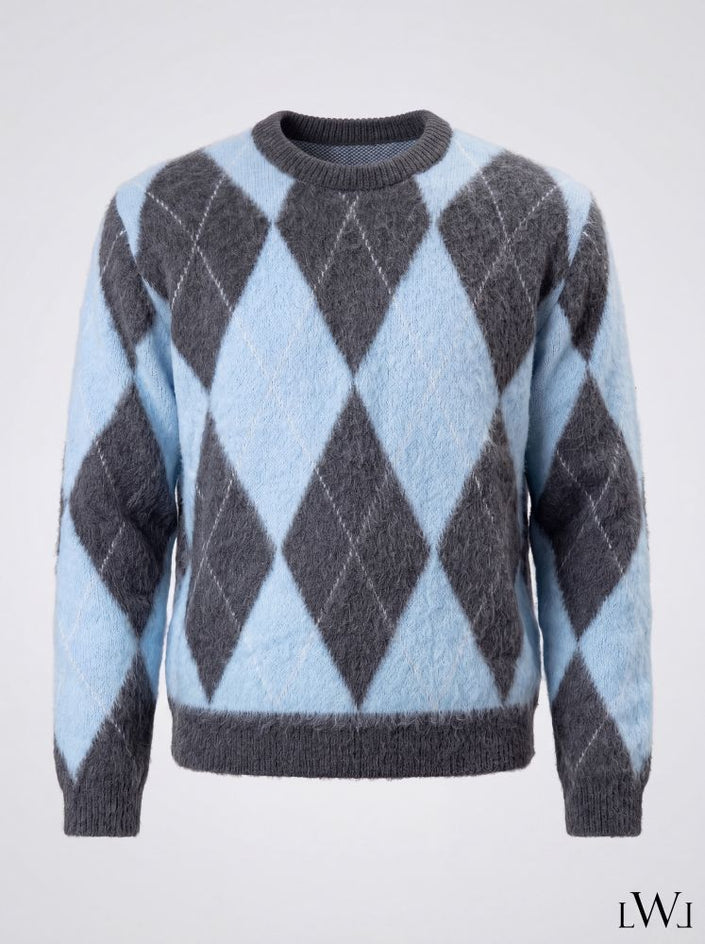 Baby Blue Gray Crew Neck Men's Knitwear Sweater with Diamond Pattern
