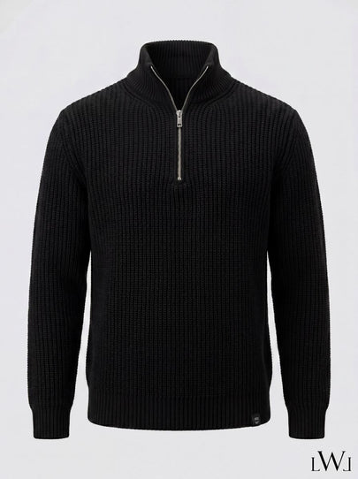 Half Zippered Black Stand Collar Thick Ribbed Men's Knitwear Sweater