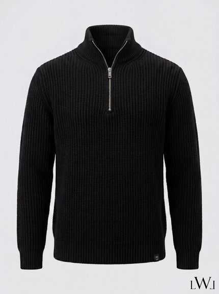 Half Zippered Black Stand Collar Thick Ribbed Men's Knitwear Sweater