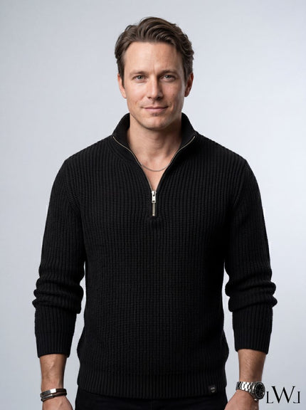 Half Zippered Black Stand Collar Thick Ribbed Men's Knitwear Sweater