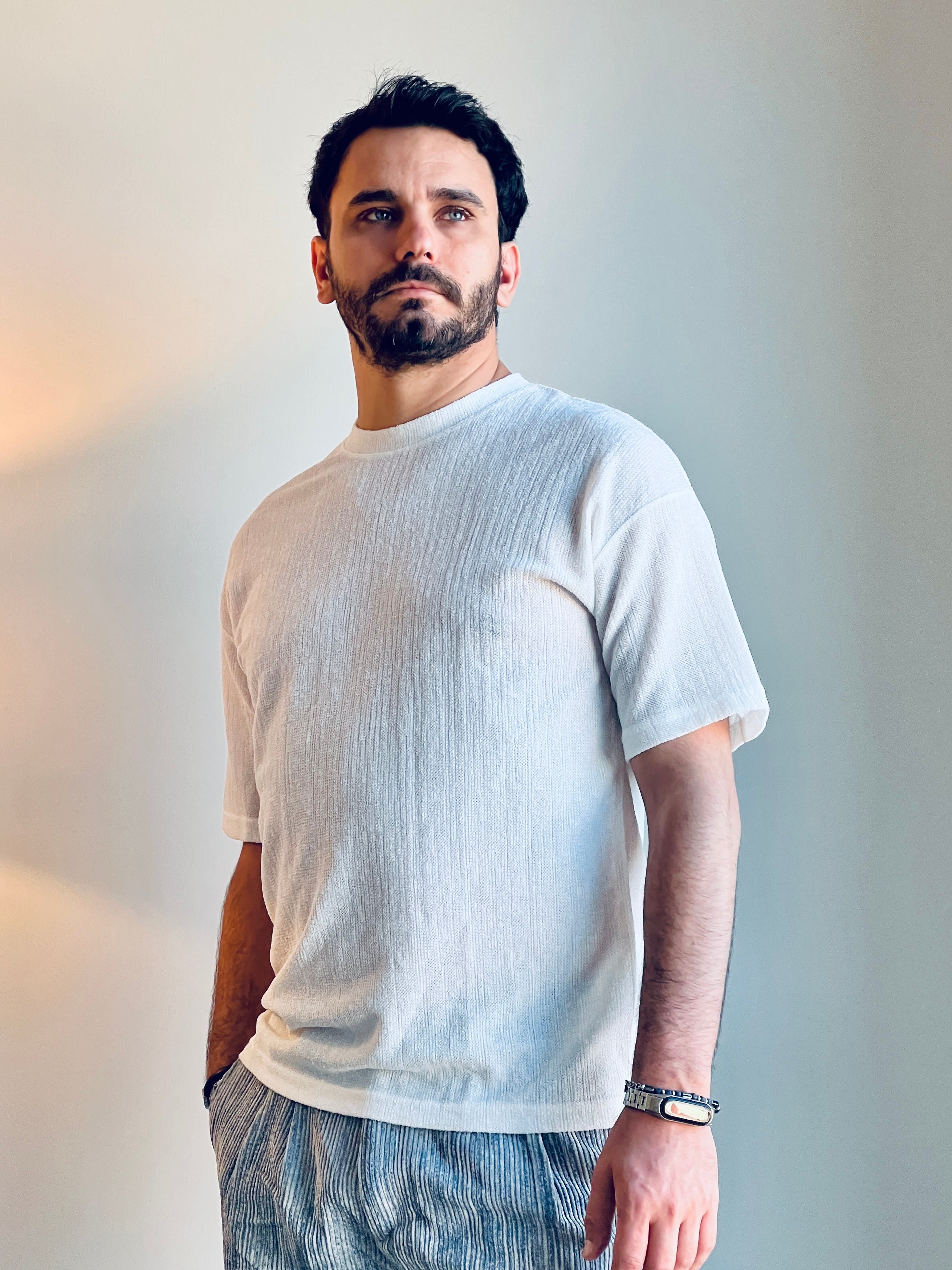 Dokulu Örme Kumaş Bisiklet Yaka Oversize Erkek Tişört Beyaz