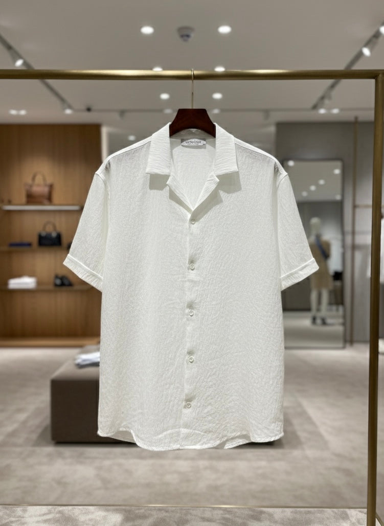 Erkek Beyaz Dokulu Kısa Kollu Gömlek - Modern Apaş Yaka & Relax Fit