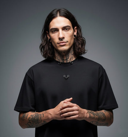 Piercing Detailed Washed Black Oversize Men's T-Shirt