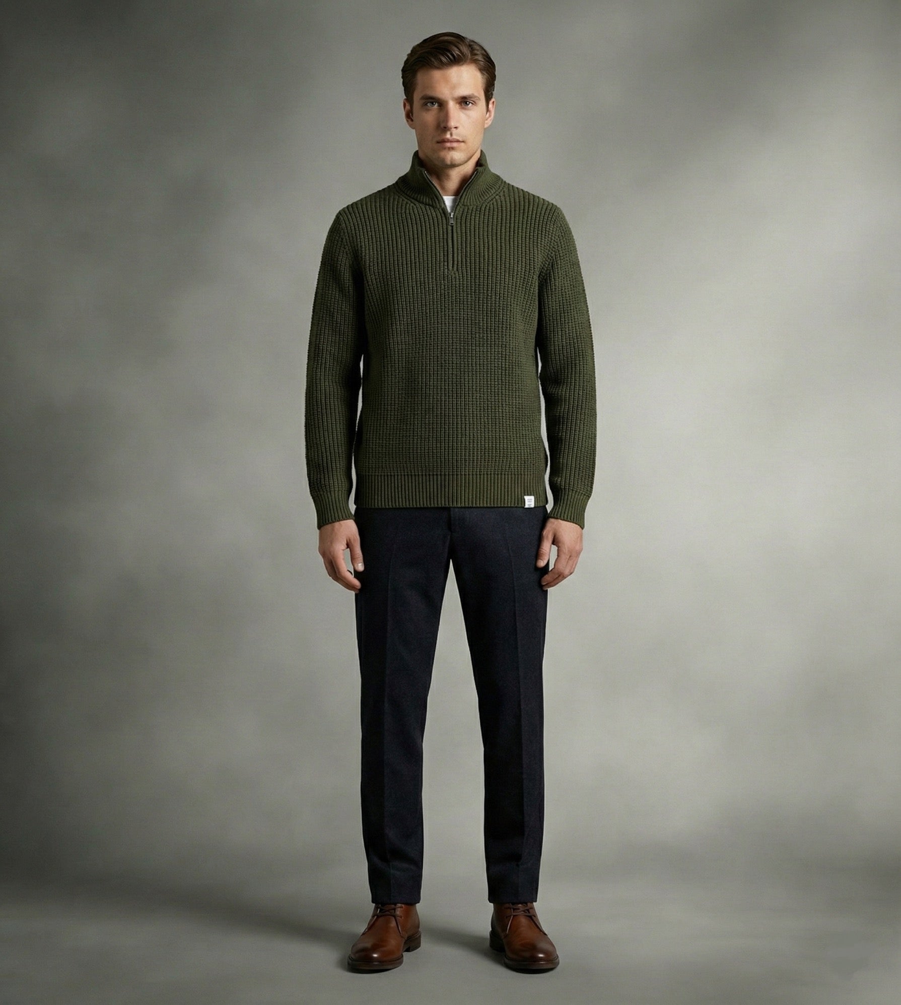 Yarım Fermuarlı Siyah Dik Yaka Kalın Fitilli Erkek Triko Kazak Haki