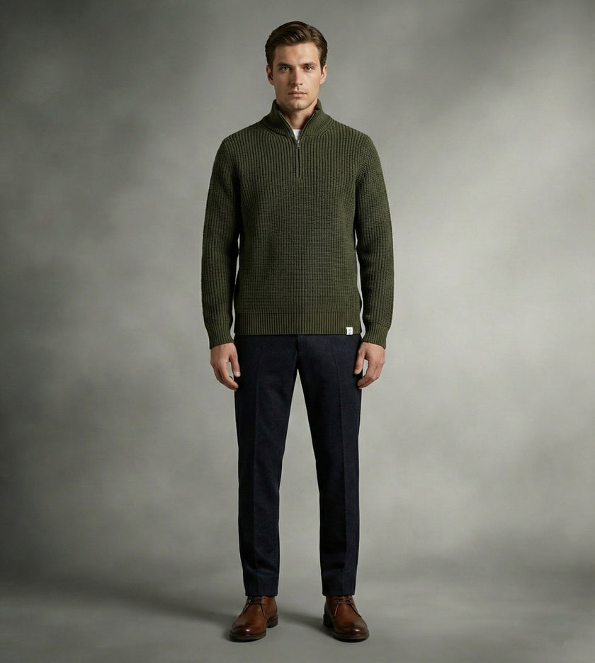 Yarım Fermuarlı Siyah Dik Yaka Kalın Fitilli Erkek Triko Kazak Haki