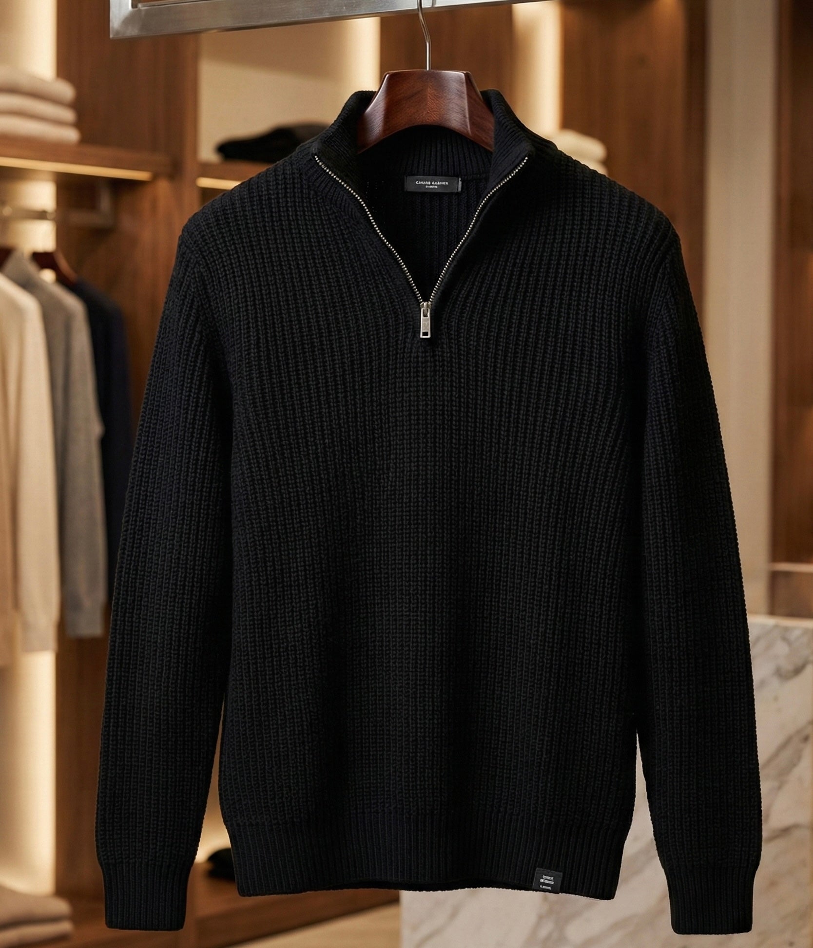 Yarım Fermuarlı Siyah Dik Yaka Kalın Fitilli Erkek Triko Kazak Siyah