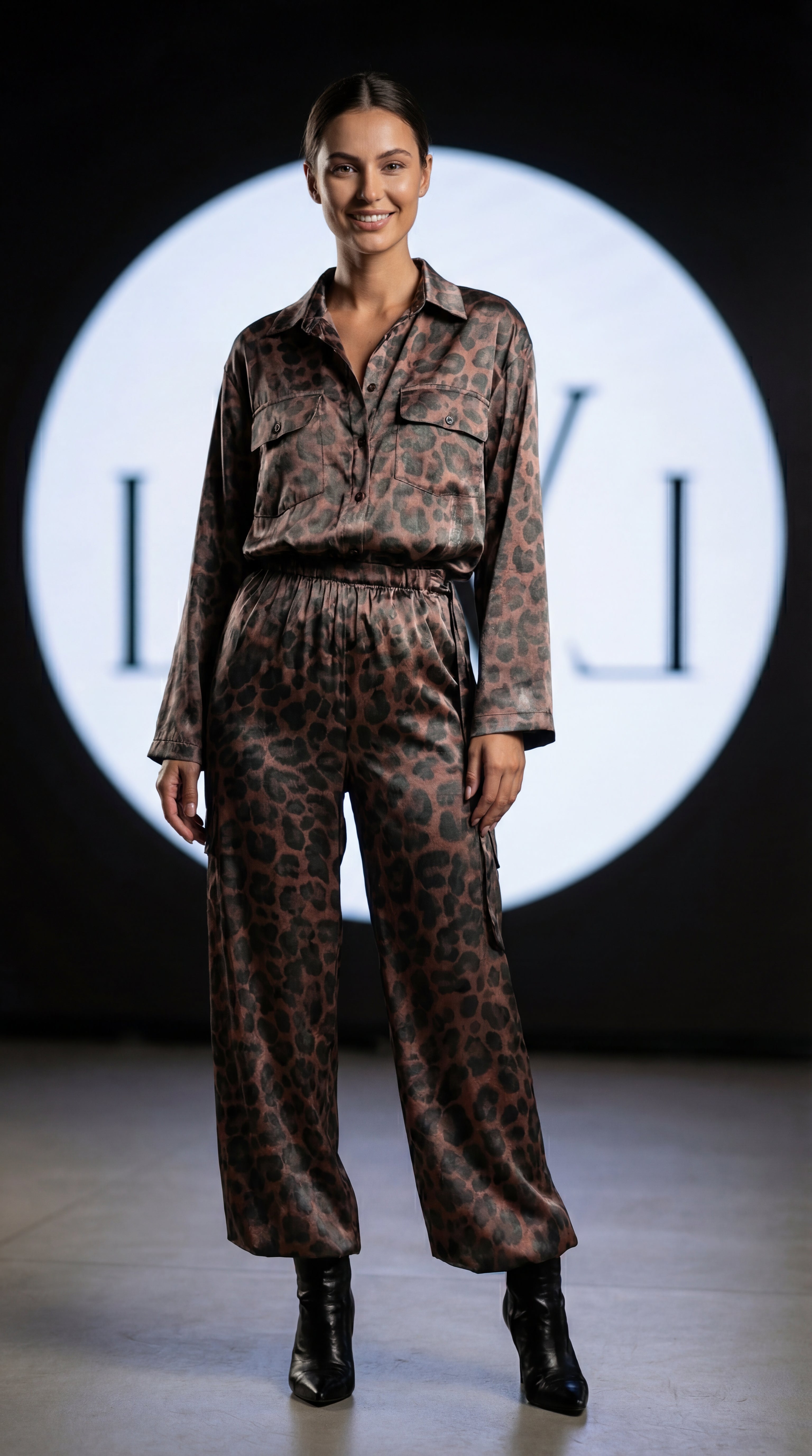 High Waist Leopard Patterned Satin Wide Leg Women's Trousers