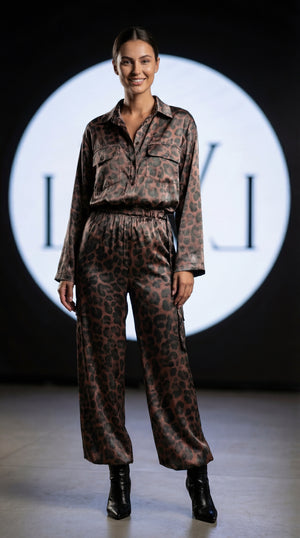 High Waist Leopard Patterned Satin Wide Leg Women's Trousers