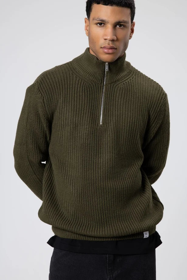 Fermuarli Orme Triko Kazak Haki