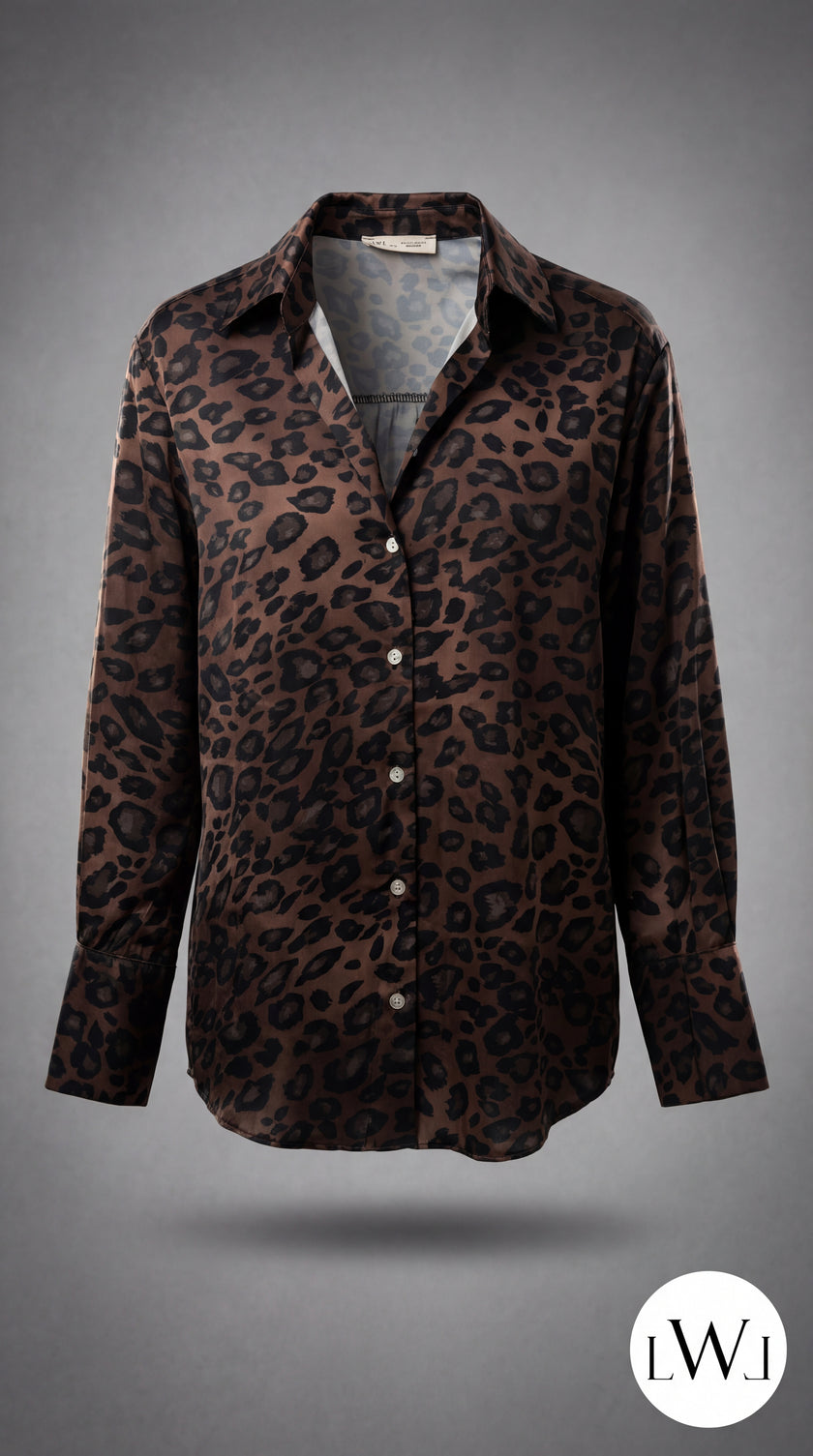 Brown Black Leopard Patterned Satin Classic Collar Women's Shirt